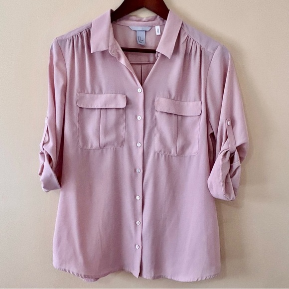 H&M| Lightweight Flowy Pretty Pink‎ Button-Up Blouse Top w/Roll Up Sleeves Sz 10 - Picture 1 of 3